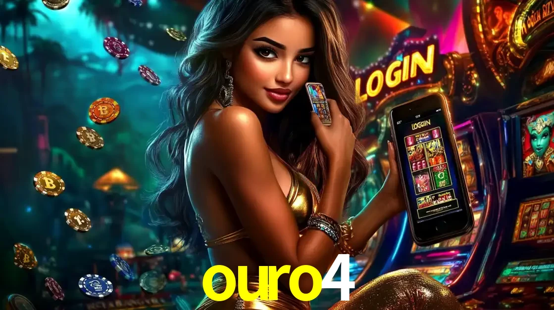 Mulher em um cenário de cassino temático de aventura, mostrando o app de caça-níqueis da ouro4 no celular. Fichas de apostas flutuam ao redor.