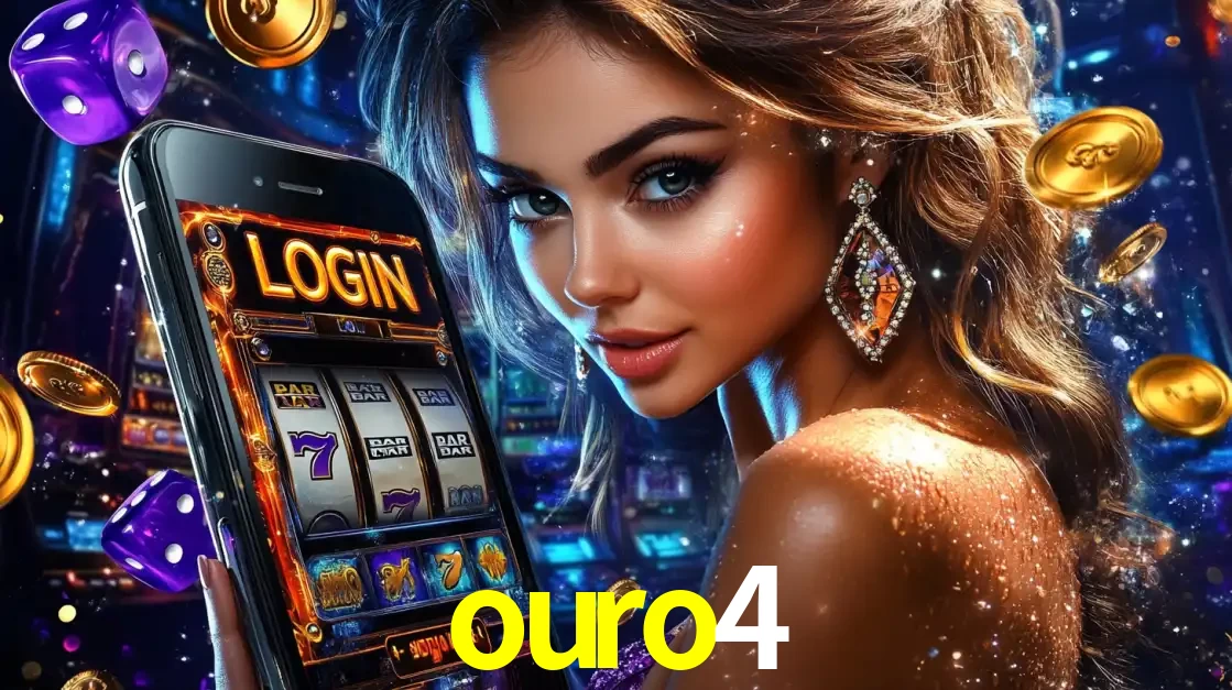 Mulher glamorosa segurando um smartphone com a tela de login para os jogos de caça-níqueis do cassino online ouro4, com moedas de ouro e dados ao redor.